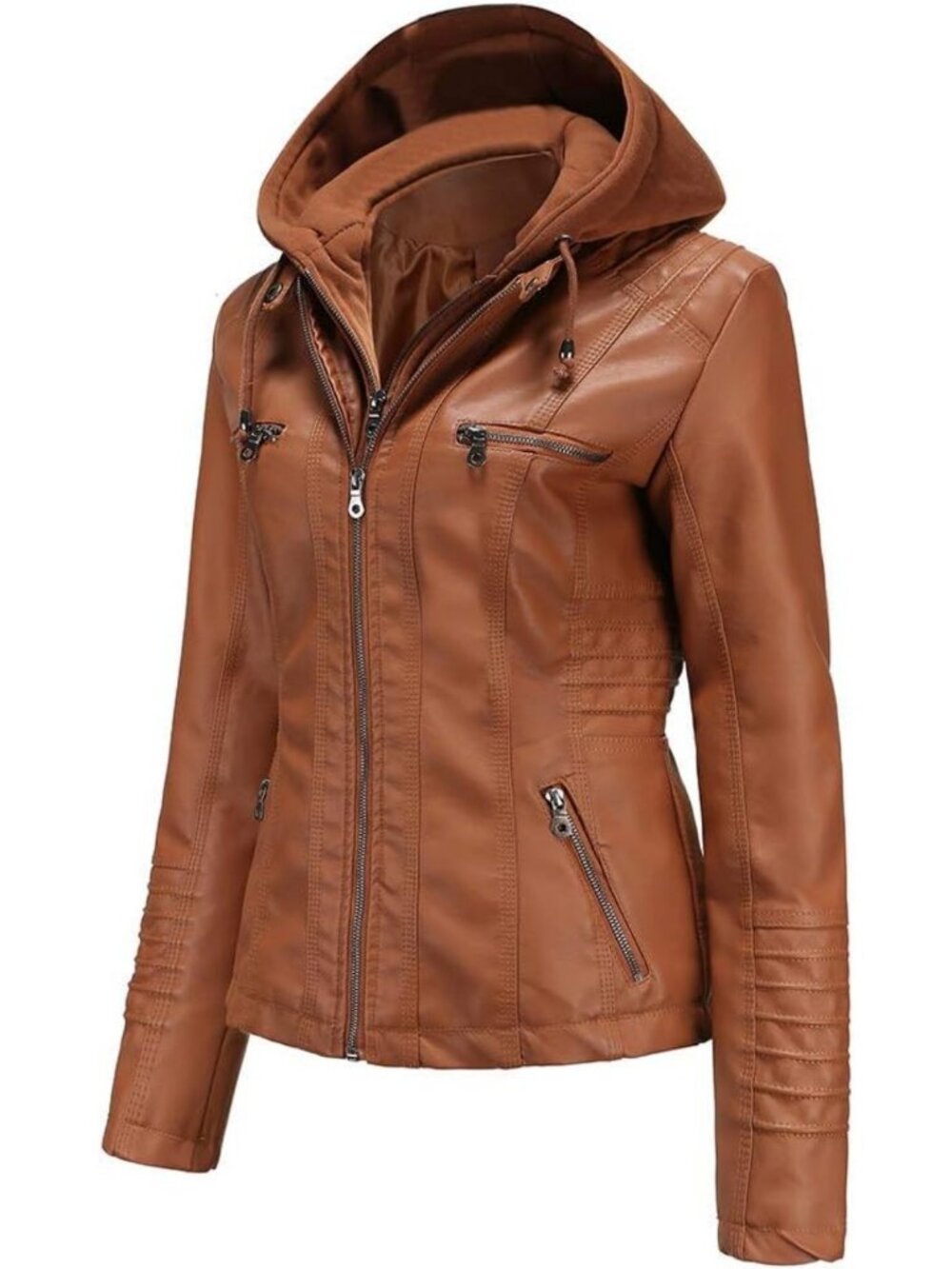 Stylish Women's Faux Leather Moto Jacket with Removable Hood - Trendy Outerwear